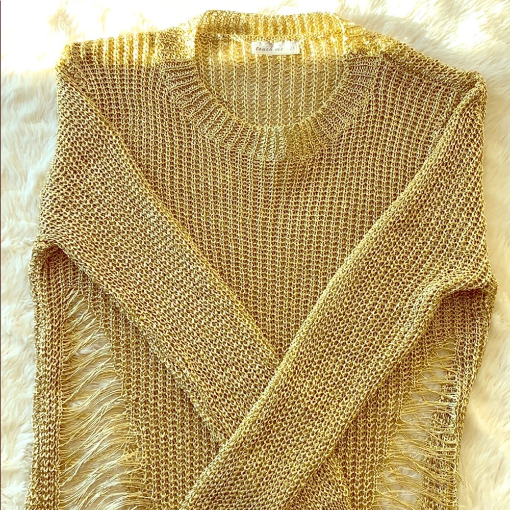 Gold Metallic Distressed Sweater Dress